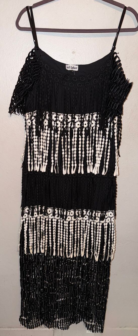 Jeff Gallano Fringe Flapper Boho Maxi Dress Black White Size 2